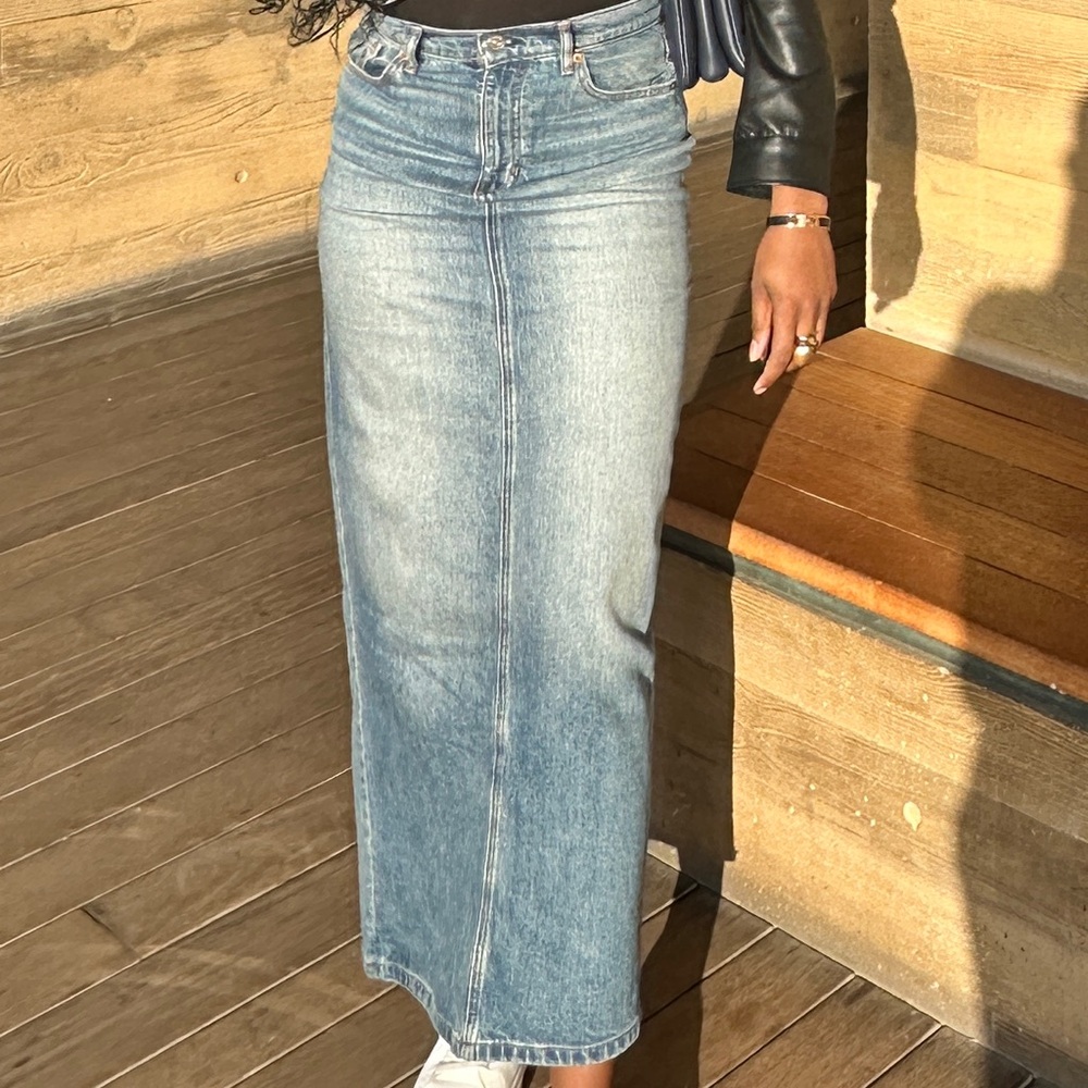 Black Leather Jacket and Blue Denim Skirt